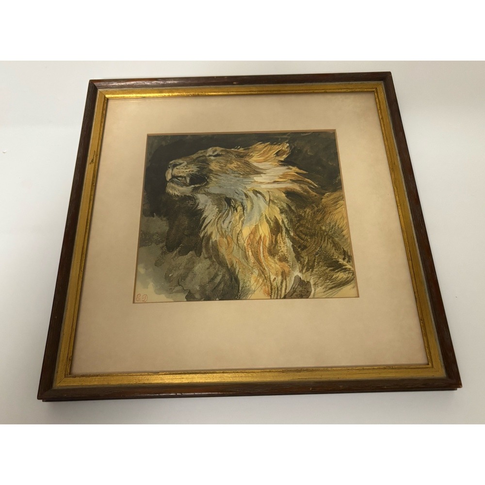 Vintage Eugène Delacroix Roaring Lion's Head Framed Art Print 12"